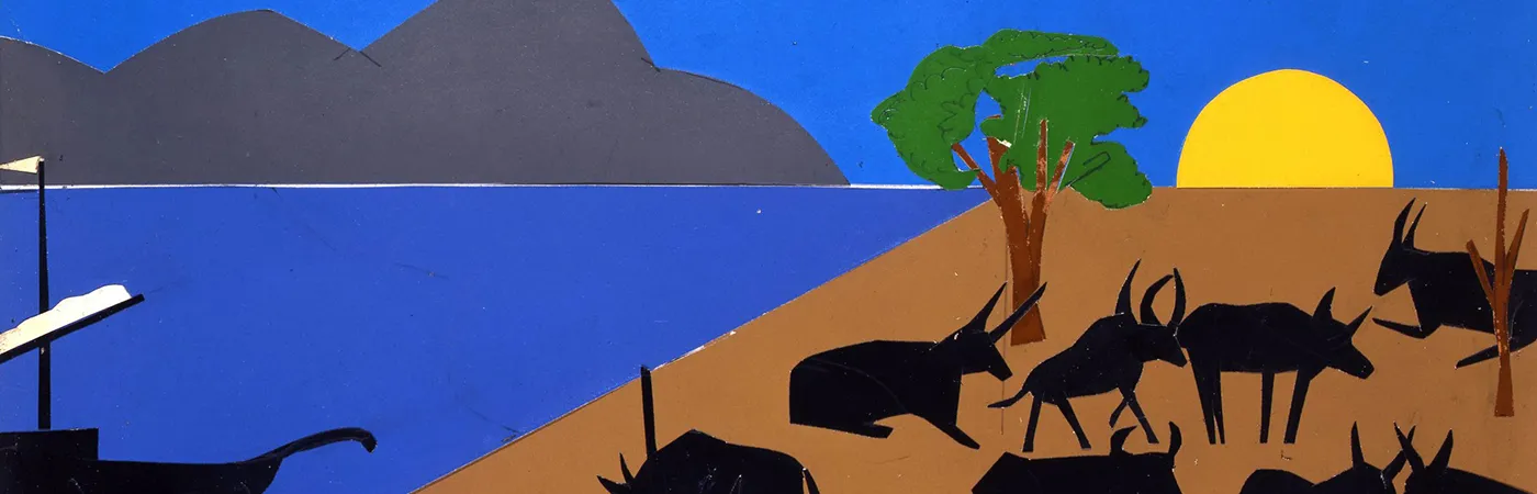 Black silhouettes of cattle lounging on a brown hill abutting a body of water with a ship at anchor, a single tree provides shade as the sun sets in the background