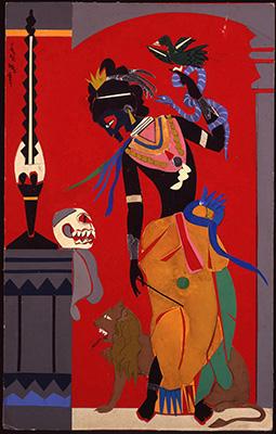 "Circe," Collage, 1977, Courtesy Estate of Nanette Bearden and DC Moore Gallery, New York Circe, the goddess of magic, with black skin and brightly colored clothing, stands against a red background before an altar surrounded by fierce animals she has made docile with her magic.