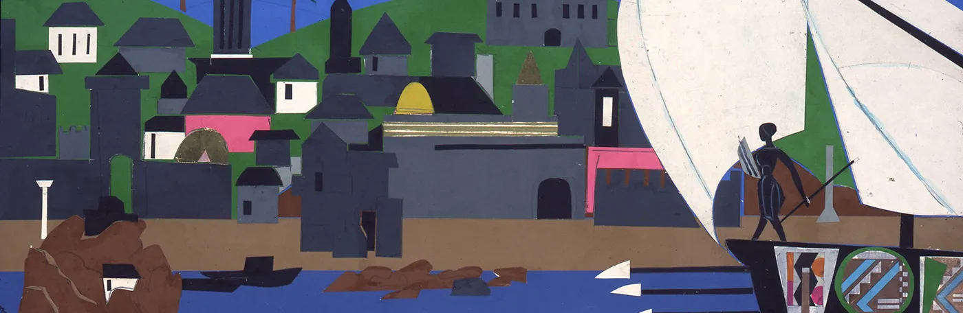 Blue sky with strip of white cloud hovering over a village of multi-leveled houses, buildings and trees atop of hills.  The town leads to a waterfront where there's a battle ship with a huge white sale and three spears protruding from the ship.  Three multi-colored flags hang on the outside of the ship.