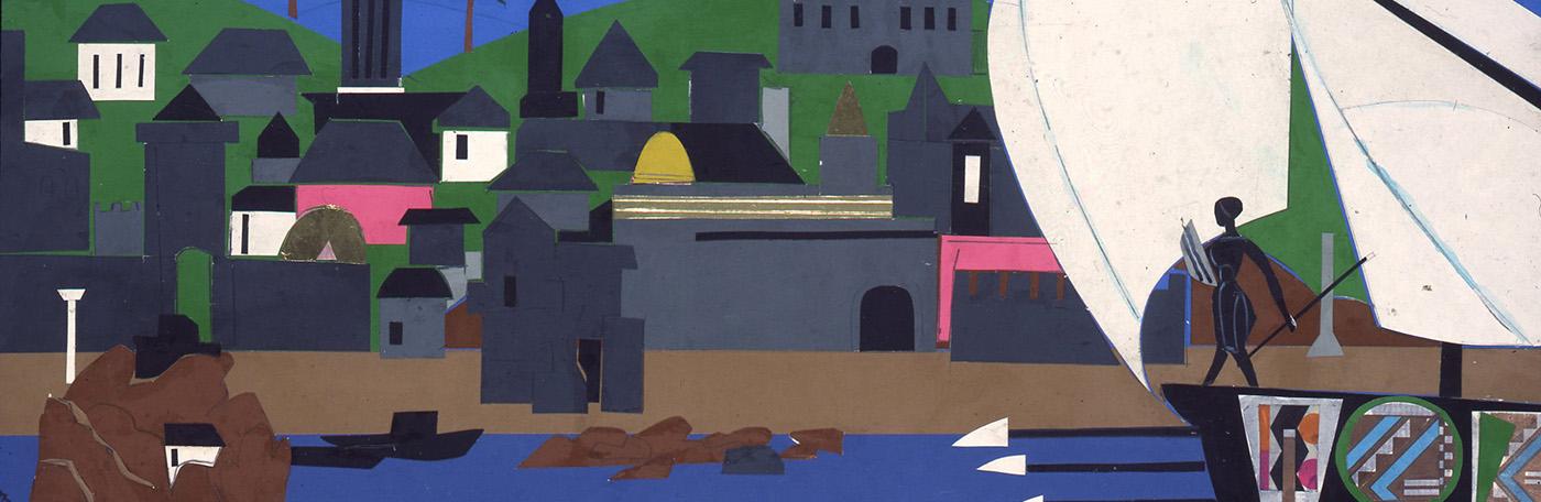 Blue sky with strip of white cloud hovering over a village of multi-leveled houses, buildings and trees atop of hills.  The town leads to a waterfront where there's a battle ship with a huge white sale and three spears protruding from the ship.  Three multi-colored flags hang on the outside of the ship.