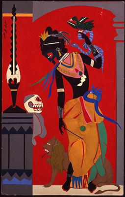 Circe, the goddess of magic, with black skin and brightly colored clothing, stands against a red background before an altar surrounded by fierce animals she has made docile with her magic.