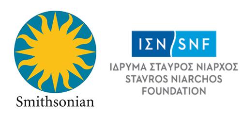 Smithsonian Institution logo (a bright yellow sunburst against a turquoise blue background and the word "Smithsonian" underneath) next to the Stavros Niarchos Foundation logo (greek lettering in blue against a white background)
